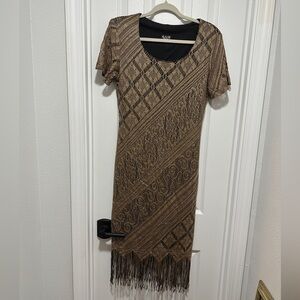 Helene Blake Vintage Gold Geometric Fringe Midi Dress